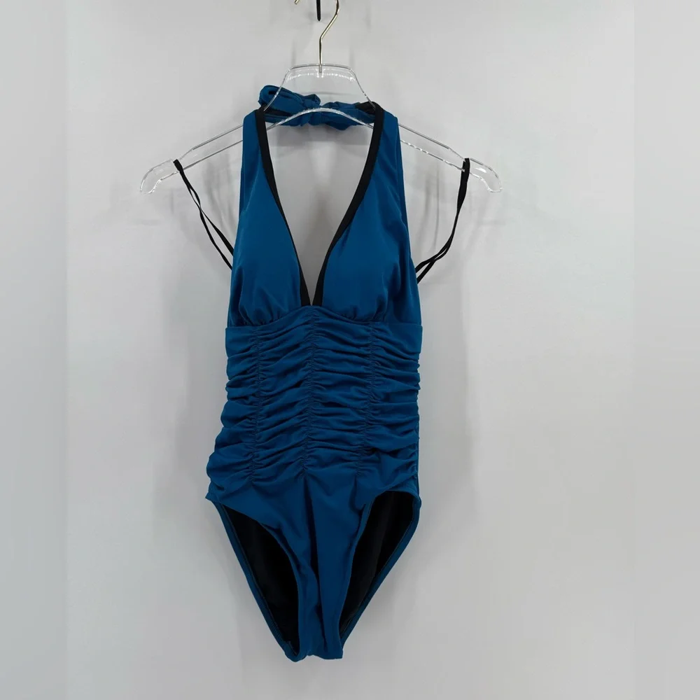 Magic suit blue‎ and black ruched one piece swimsuit size 8